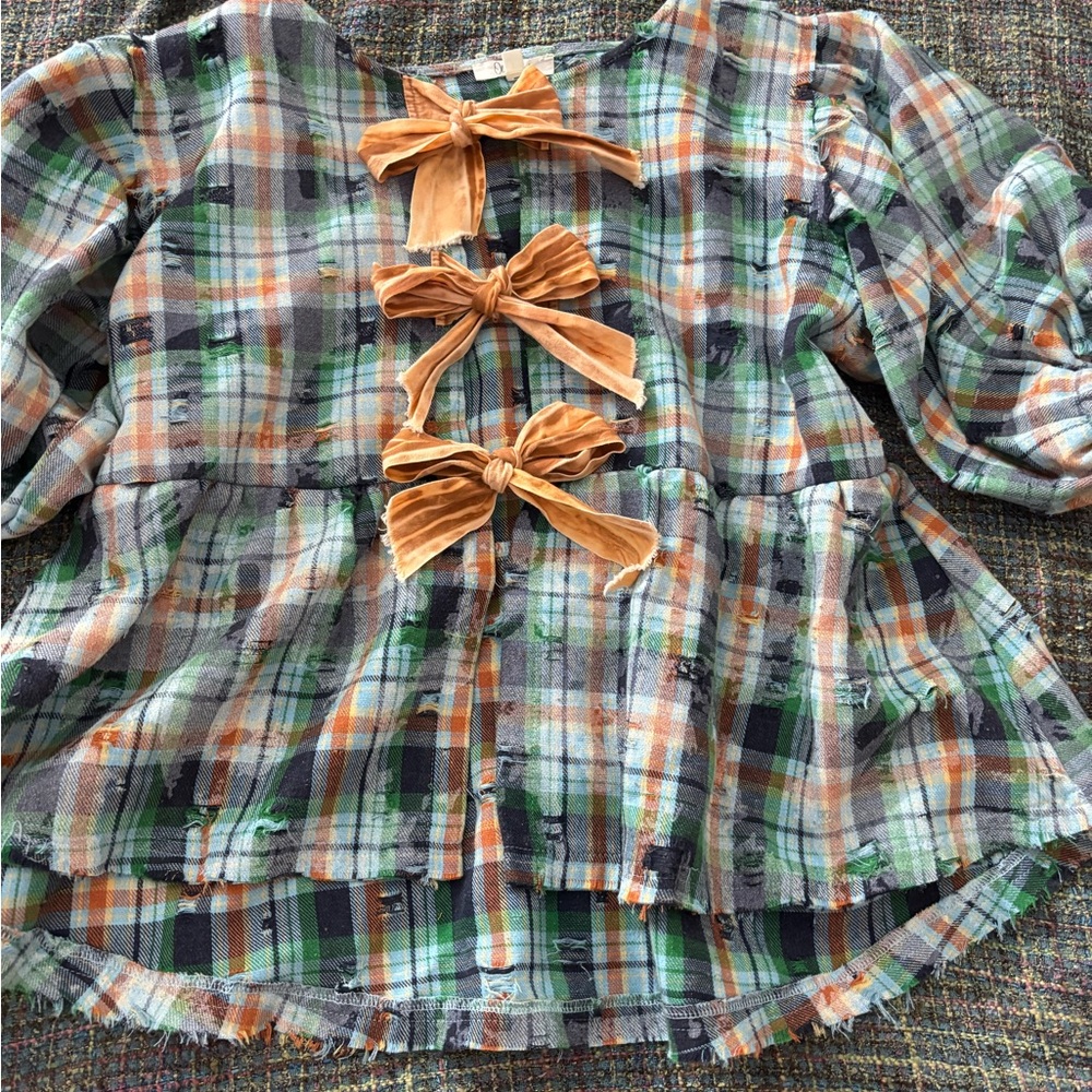 Oli & Hali blue, green, Orange, Plaid Bow-Front Long Sleeve Top “Bow it Goes”